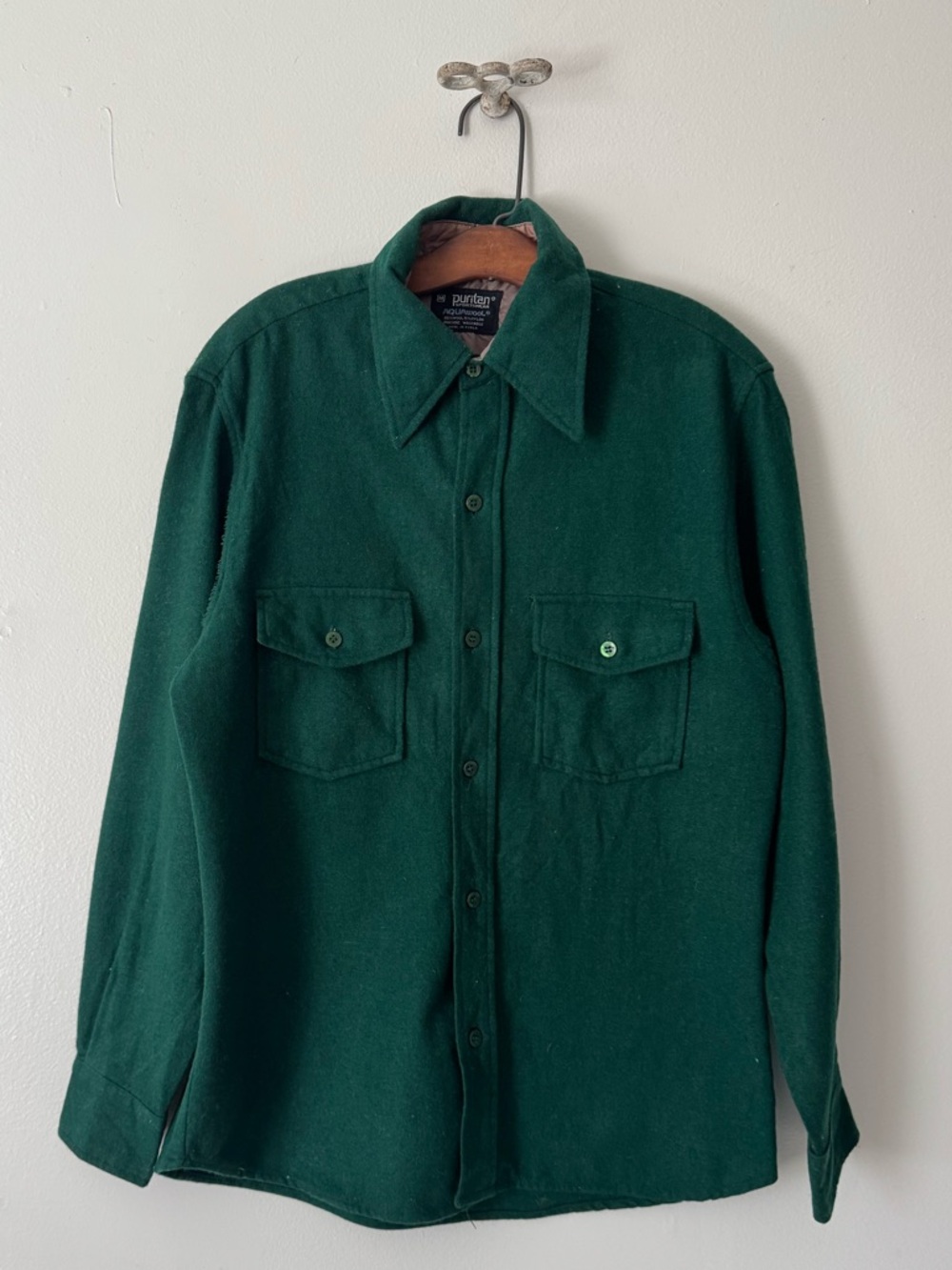 Puritan Aqualuxwool Green Flannel Wool Blend Long Sleeve Button-Up Shirt